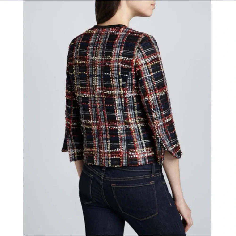 Smythe Boucle Leather-Detail Jacket Womens Size 6 Plaid Blazer Navy Career - Picture 2 of 10